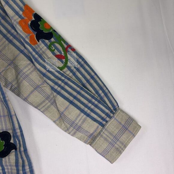 We The Free Blue Plaid Sashiko Flannel Shirt with Floral Embroidery M - Picture 2 of 7
